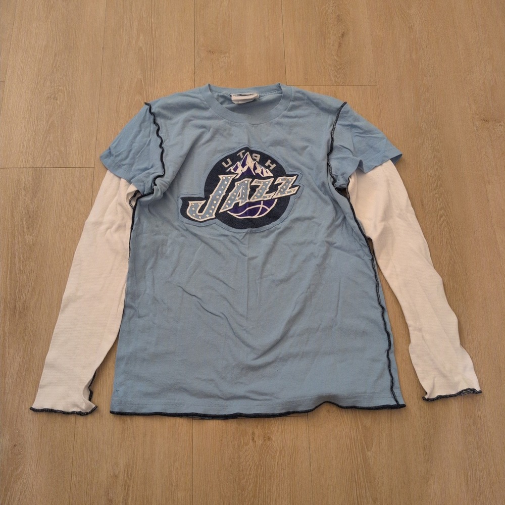 Majestic Threads Youth XL Utah Jazz Rhinestone Long Sleeve Shirt Blue NBA